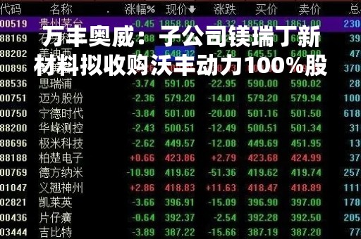 万丰奥威：子公司镁瑞丁新材料拟收购沃丰动力100%股权